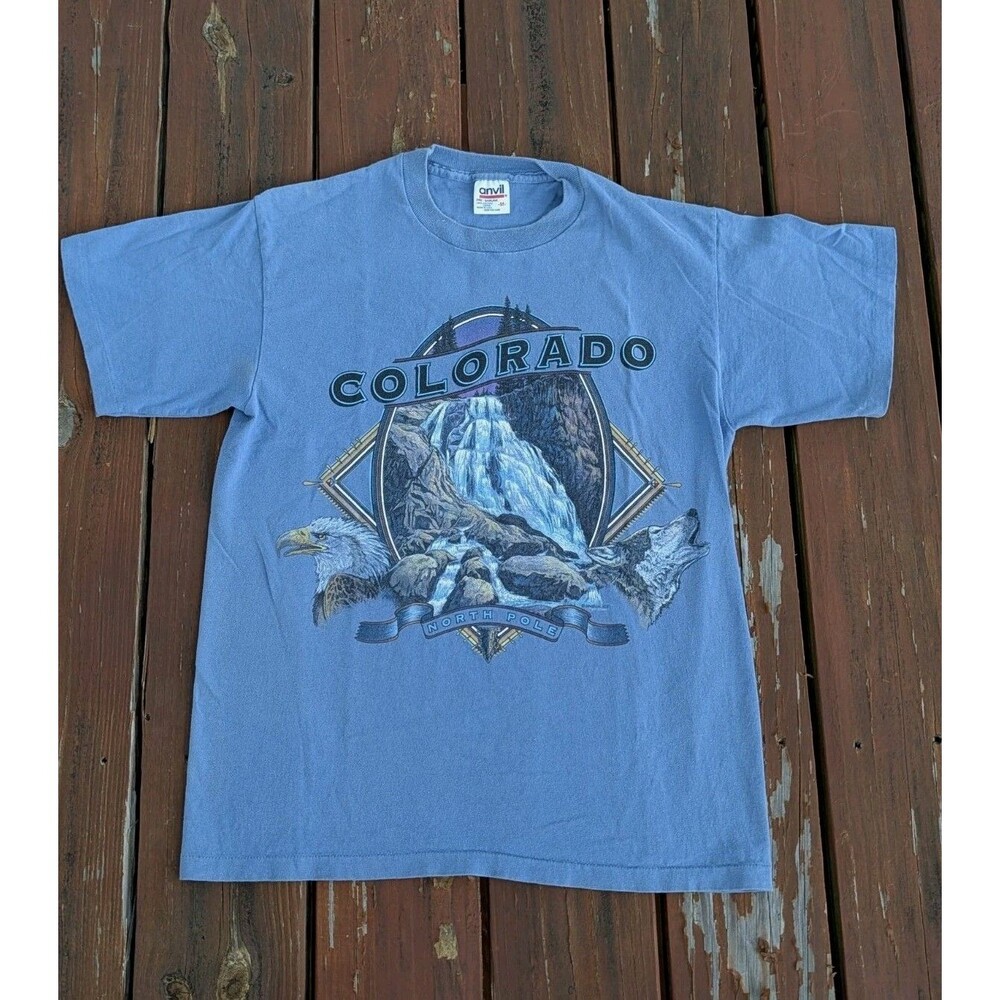 Vintage Anvil Colorado Eagle Wolf North Pole Graphic Blue Single T-Shirt Size M